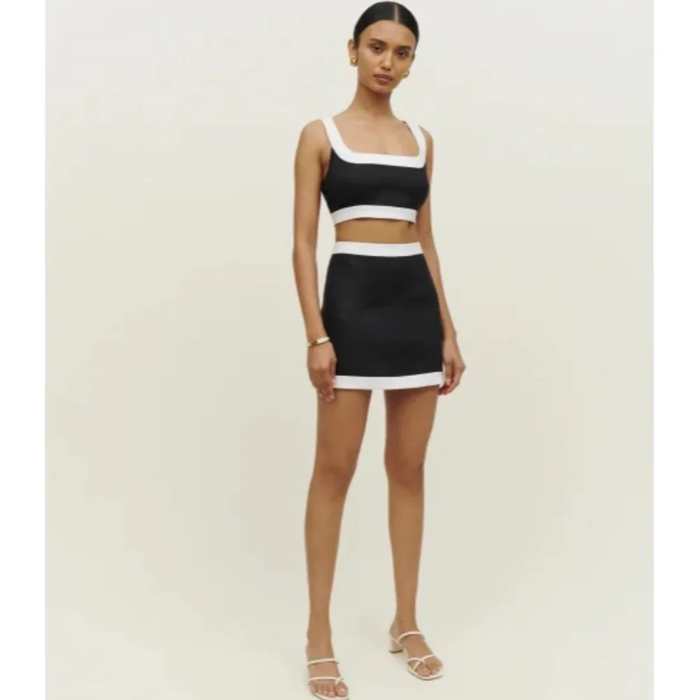 NWOT Reformation Robbie Linen Two Piece in Black White Sleeveless Top Skirt